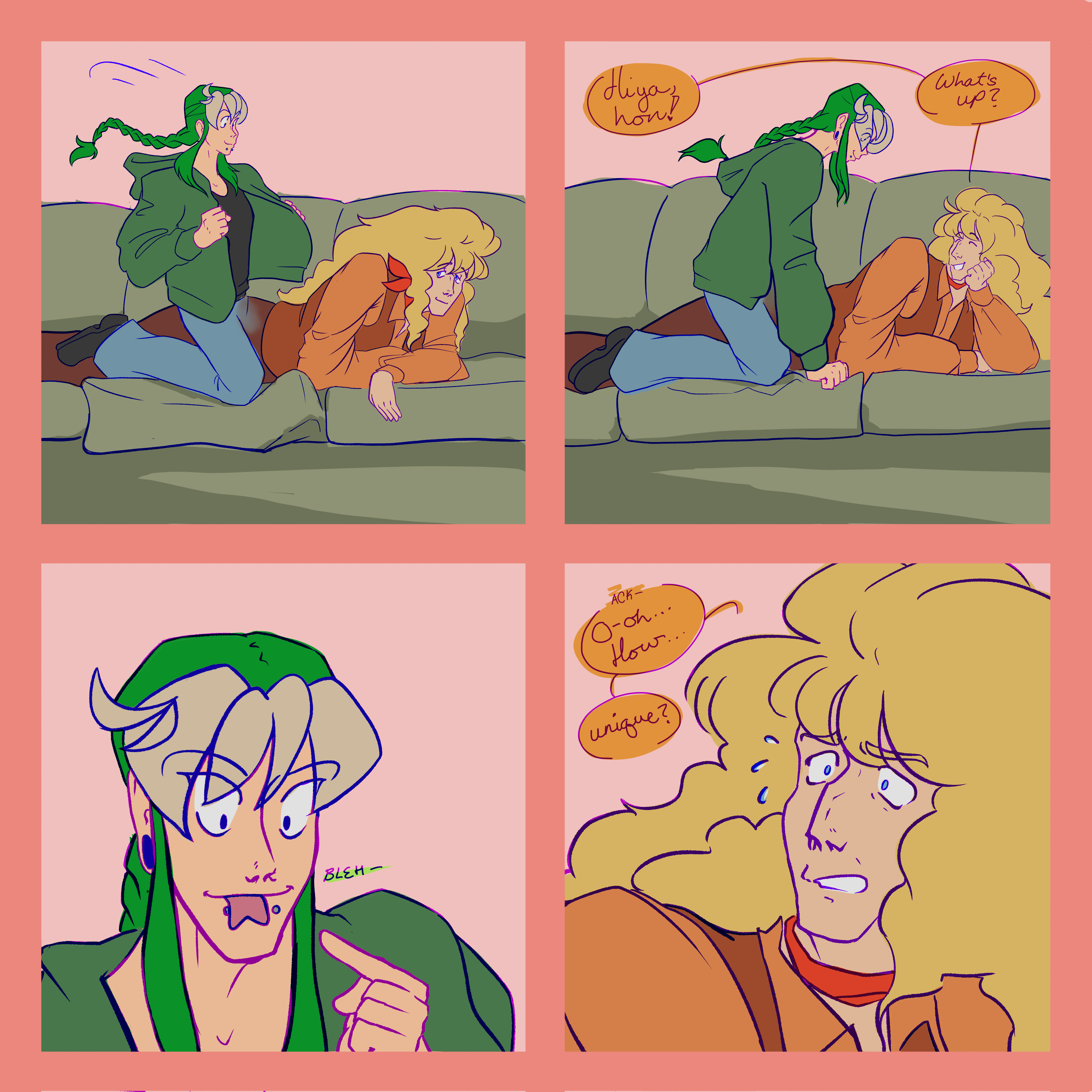 panel 1: sebastian jumps onto the couch on top of artie
panel 2: artie turns to sebastian and smiles 'Hiya, hon! What's up?'
panel 3: sebastian sticks his tongue out to reveal he got it split recently.
panel 4: artie looks shocked and disturbed. he gags a little 'Oh... how... unique?'